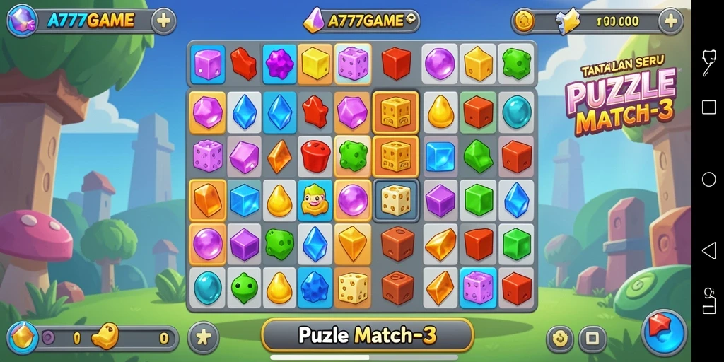 Screenshot dari A777GAME menunjukkan gameplay seru Puzzle Match-3.